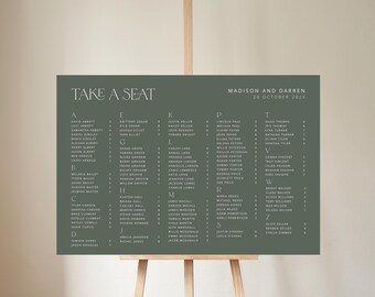 Sjabloon voor alfabetische zitplaatsen, plattegronden tafels voor moderne bruiloft, minimalistisch zittend bord, tafelplan direct downloaden, JADE SET