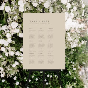 Beige Hochzeits-Sitzplan, Sitzplanvorlage für minimalistische Hochzeit, druckbares Sitzplatzschild für den Tisch, bearbeitbares Empfangsschild, Adore Set