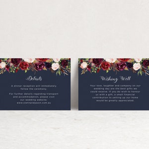 Floral Printable Wedding Template for Navy Wedding, Burgundy Flowers Editable Template, Boho ...