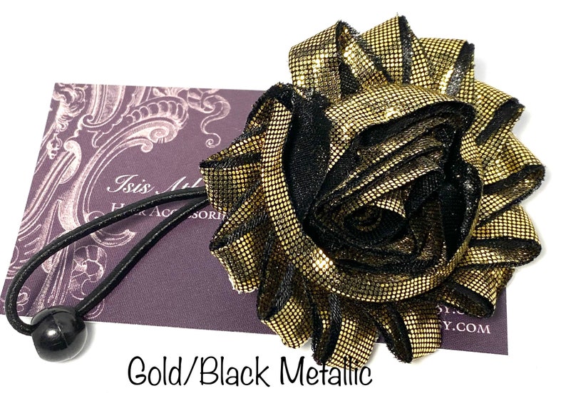 Ponytail Holders, 2 1/2 Shabby Chic Flower, Elastics, Silver, Gold, Black Metallic, Hair Elastic, Floral Hair Accessory, Glittery image 3