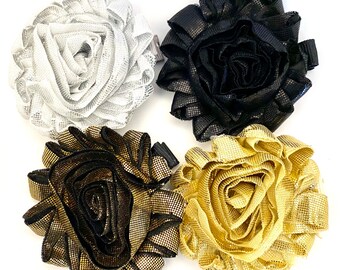 Hair Clip, White, Black, Gold Metallic, 2 1/2" Shabby Chic Chiffon Flower, Hair Clip, Hair Accessory, Hair Bow, Chiffon Flower