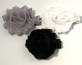 Mini Hair Clip, 1 1/2" Shabby Chic Chiffon Flower, Toddler Hair Clip, Hair Accessory, Hair Bow, Chiffon, Black, White, Grey, Baby Girl