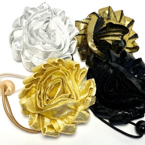 Ponytail Holders, 2 1/2 Shabby Chic Flower, Elastics, Silver, Gold, Black Metallic, Hair Elastic, Floral Hair Accessory, Glittery image 1