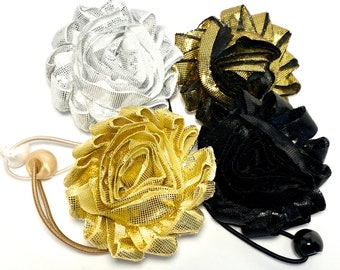 Ponytail Holders, 2 1/2" Shabby Chic Flower, Elastics, Silver, Gold, Black Metallic, Hair Elastic, Floral Hair Accessory, Glittery