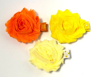 Mini Hair Clip, 1 1/2" Shabby Chic Chiffon Flower, Toddler Hair Clip, Hair Accessory, Hair Bow, Chiffon, Yellow, Orange, Baby Girl Accessory