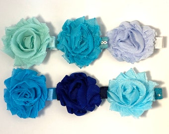 Mini Hair Clip, 1 1/2" Shabby Chic Chiffon Flower, Toddler Hair Clip, Hair Accessory, Hair Bow, Chiffon Flower, Blue, Baby Girl Accessory