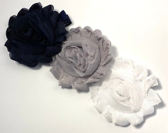 Hair Clip, 2 1/2" Shabby Chic Chiffon Flower, Hair Clip, Hair Accessory, Hair Bow, Chiffon Flower, Navy Blue, White, Grey