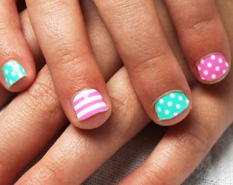 Mint & Pink Stripes Dots Kids Nail Wraps