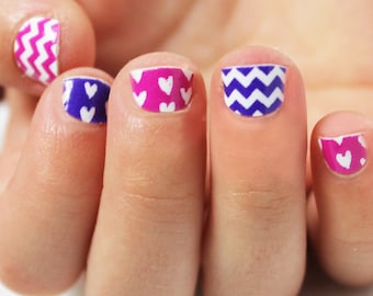 Purple & Hot Pink Chevron Heart Kids Nail Wraps