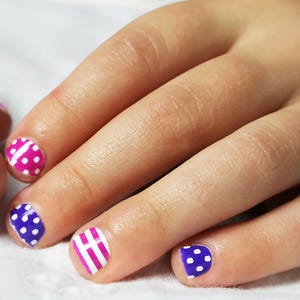 Purple & Hot Pink Stripes Dots Kids Nail Wraps