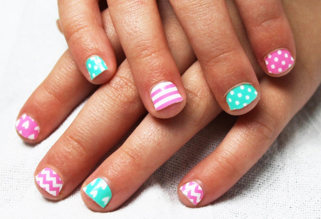 Mint & Pink Stripes Dots Kids Nail Wraps