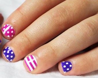 Purple & Hot Pink Stripes Dots Kids Nail Wraps