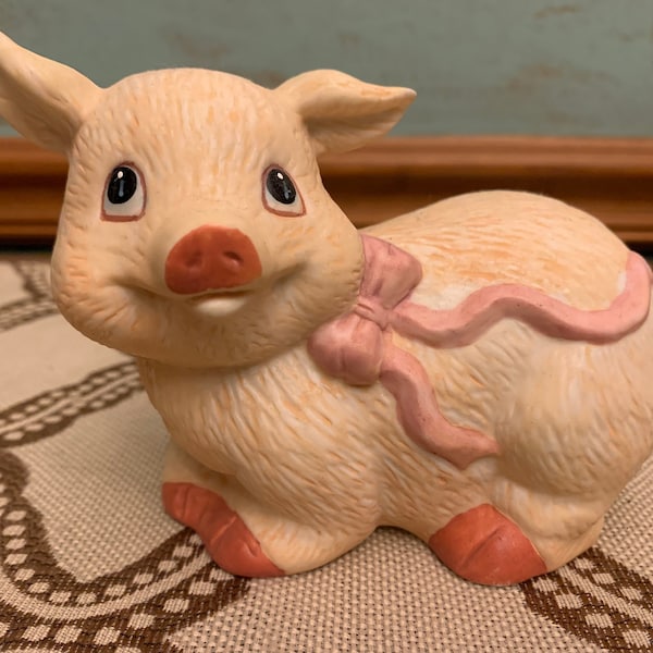 Vintage Young's Porcelain Pig with Pink Bow Figurine