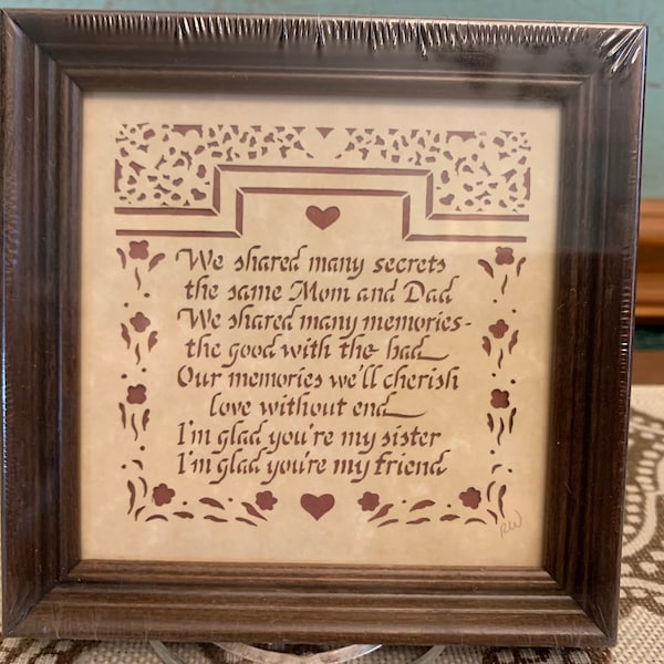Vintage 1996 Scherenschnitte Scissor Cuts "Sister Poem" with Accents in Wood Frame