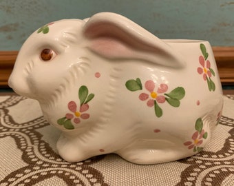 Vintage Avon Hand-Painted Floral Imprint Ceramic White Bunny Rabbit Planter
