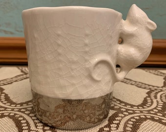 Vintage Mouse Image Handle White Ceramic Cup with Silver Accent at Bottom