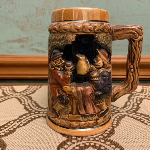 Vintage Raised Relief Ceramic Handled Beer Stein - Made in Japan