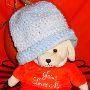 Bleu clair, Blanc, Crocheté, Chapeau d’hiver, 19 pouces