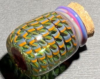 Small Blown Glass Artisan Pocket Jar, Orange, Purple and Green with Unobtainium, JG