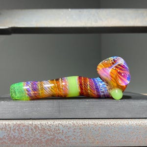 MINI Pocket Sherlock Glass Pipe One Hitter 3.75” / Pure Color Amber Purple and Lime Green Cane Worked Sparkly Earth Tone Fade / JappeGlass