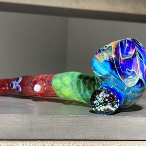 Juicy Iridescent Rainbow Large Sherlock Glass Pipe / Opal Pipe 6-Section Full Cane Worked Sherlock / Large Crushed Opal Marble / JappeGlass