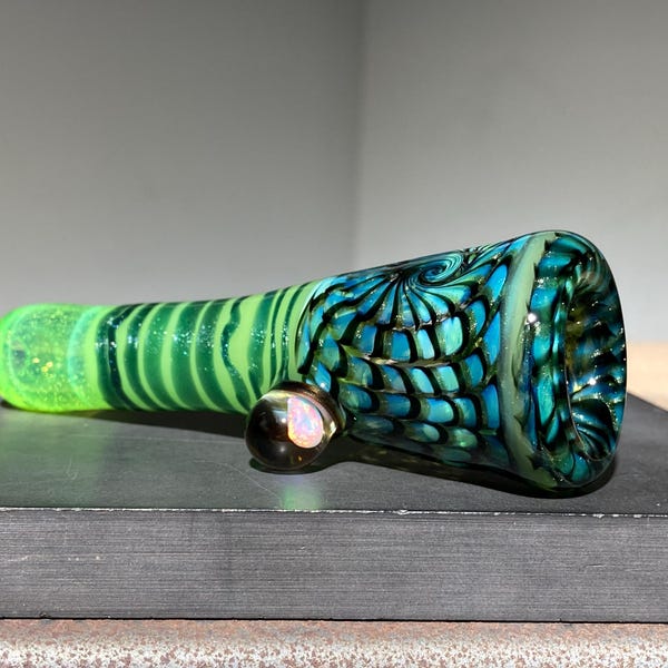 Hand Blown Large Chillum Glass Pipe, Electric Slyme Spun Cane Heady Layers, Metallic Unobtainium, Large Reverse, Artisan Pipes, JappeGlass
