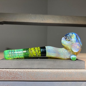 Heady Green Fade Sherlock Glass Pipe / Large Sherlock Pipe / Cane Worked Earth Tone Fade / Slyme / Silver Aqua / Silver Seaweed / JappeGlass