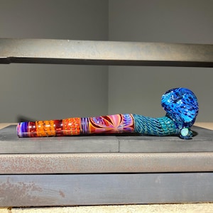 Fire & Water Fade XL Sherlock Glass Pipe / Long Heavy Duty Sherlock Pipe 8.25&quot; / Opal / Vibrant Earth Tones Cane Worked Sherlock JappeGlass