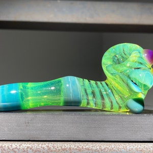 Compact Slyme & Silver Aqua Sherlock Glass Pipe // Slyme Cane and Silver Aqua Color Change Pipe // Neon Slime Green Layers // JappeGlass