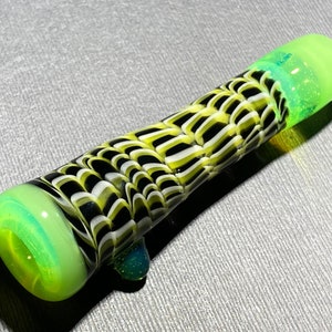 Black Neon Chillum Glass Pipe One Hitter // 5-Section Cane Worked Neon Green Fade // Slyme // Roswell // DoubleDose // Onyx // JappeGlass