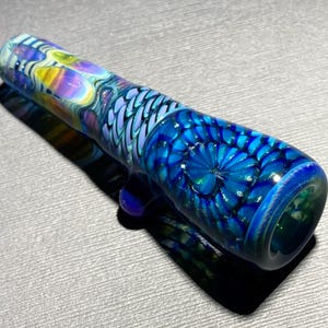 Chillum Glass Pipe / Large Chillum 4&quot; / Unique Pipes / Cane Worked Electric Blue Slyme and Purple Fade / 11-Color Fade / JappeGlass