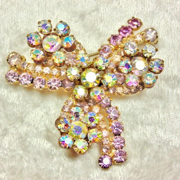 Vintage AB Floret Juliana Brooch, Bow Brooch, Pink Rhinestone Juliana