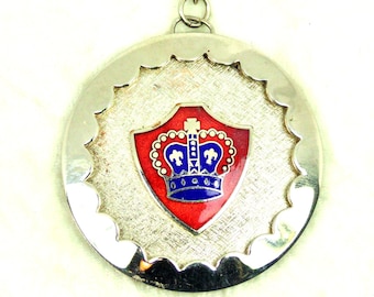 Heraldic Medallion Pendant Necklace with Red Shield, Blue Crown, Silver Tone, Vintage, Renaissance Fair Costume