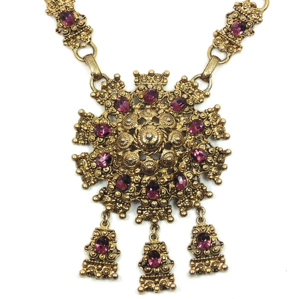 Hollycraft Cannetille Style Necklace, Chunky with Purple Rhinestones and Dangles, Vintage