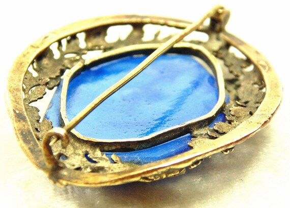 Antique Edwardian Blue Glass Brass Brooch - image 5