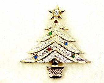 Christmas Tree Brooch / Pendant with Tiny Rhinestones, Vintage Pin, MISSING SAFETY CATCH