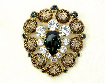 Vintage "Black Diamond" (Crystal Glass) Rhinestone Filigree Brooch