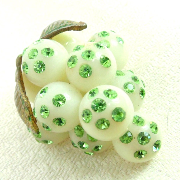 Forbidden Fruit White Grape Brooch with Green Rhinestones