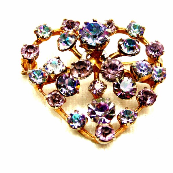 Vintage Purple Heart Pastel Rhinestone Brooch / Iris Glass Crystal Rhinestone Pin