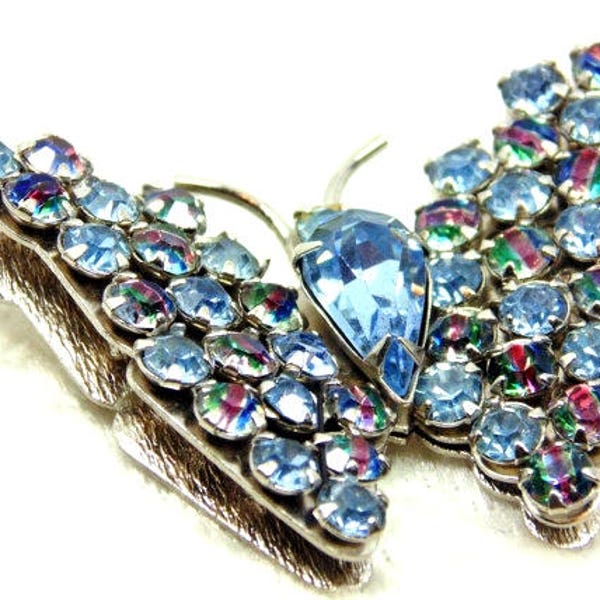 Vintage Warner Blue & Iris Glass Butterfly Brooch, Vintage Rainbow Rhinestone Pin, Signed JOSEPH WARNER