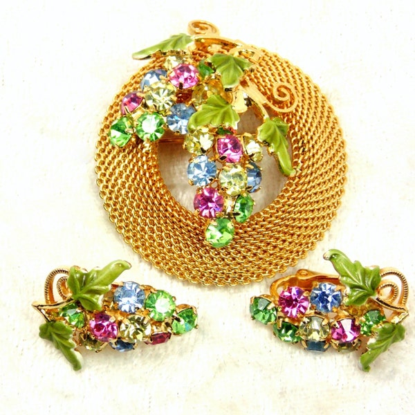 Vintage Schrager Jewelry Set, Rhinestone Grapes and Mesh,  Brooch and Clip Earrings