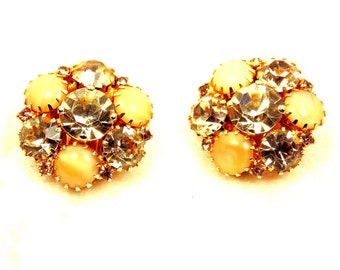 Champagne Rhinestone Earrings,  Caramel Moonglow, Warner Jewelry, Vintage Clip ons, Gold Tone