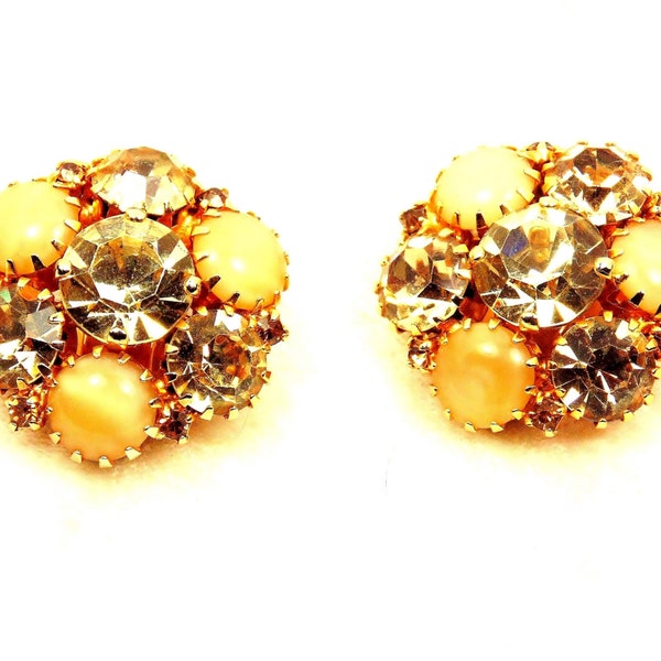 Champagne Rhinestone Earrings,  Caramel Moonglow, Warner Jewelry, Vintage Clip ons, Gold Tone