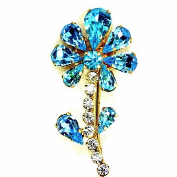 Vintage Czecho Blue Flower Brooch, Rhinestone Pin