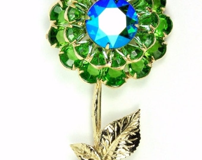 Vintage Aqua Green Flower Brooch Rhinestone Large Etsy
