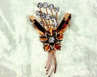 Vintage B&O Floral Brooch, Bouquet  with Clear Rhinestones, Copper Finish,1940's