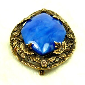 Antique Edwardian Blue Glass Brass Brooch image 2