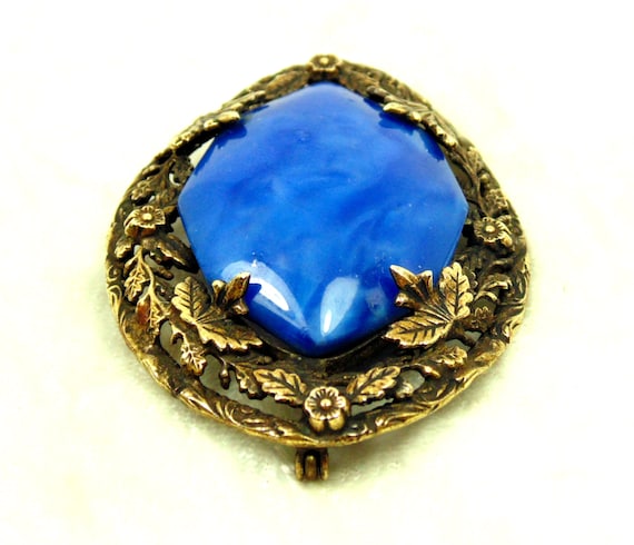 Antique Edwardian Blue Glass Brass Brooch - image 2