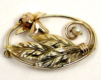 Vintage Carl Art Brooch Gold Filled Oval with Flower, Leaves, Faux Pearl