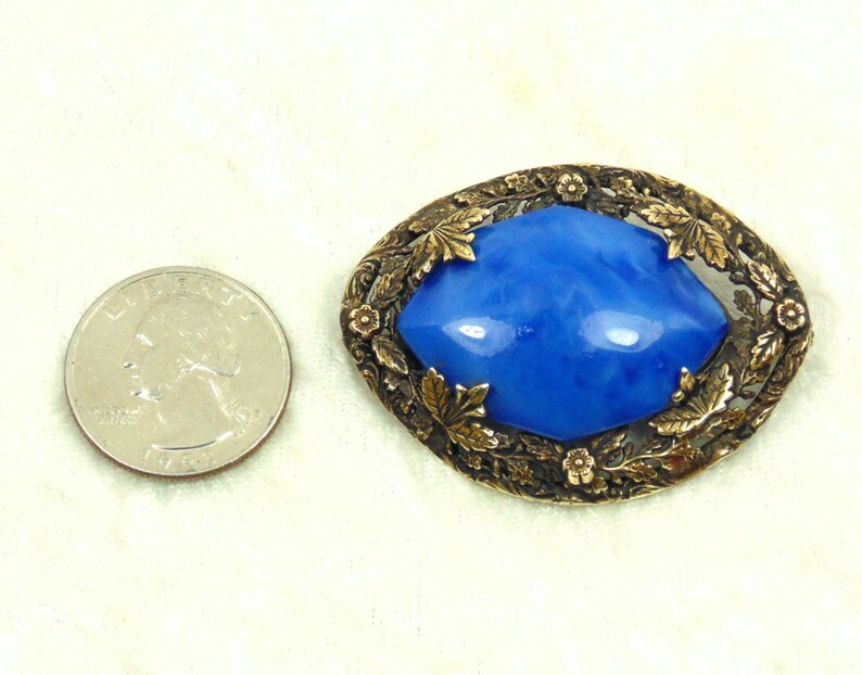 Antique Edwardian Blue Glass Brass Brooch image 3